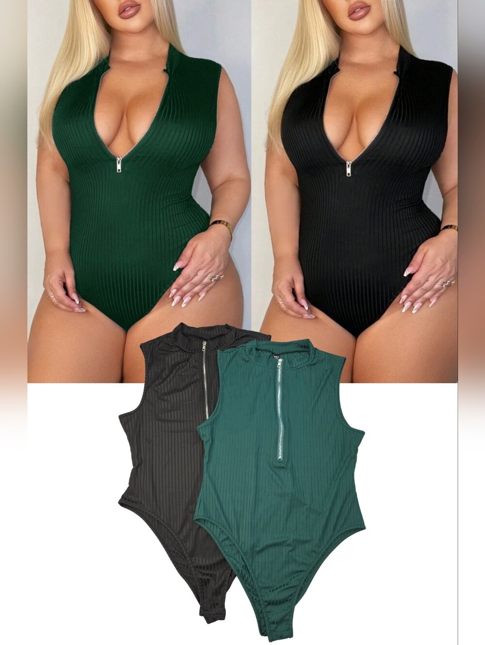 2 New Shein Curve Ribbed Zip-Front Sleeveless 1X Bodysuits Green & Black 3681-CT
